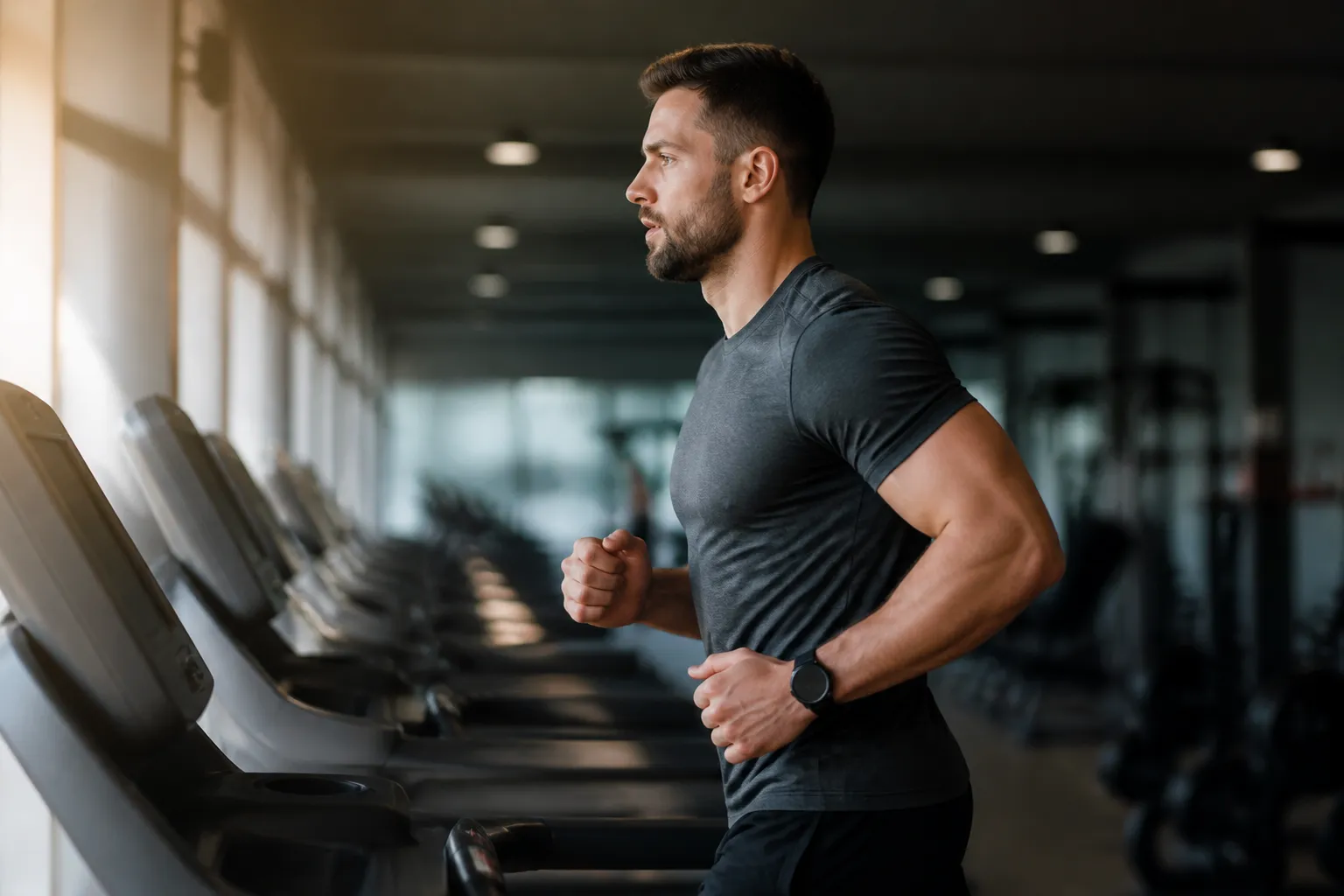 A focused athlete running on a treadmill in a modern gym with soft morning light