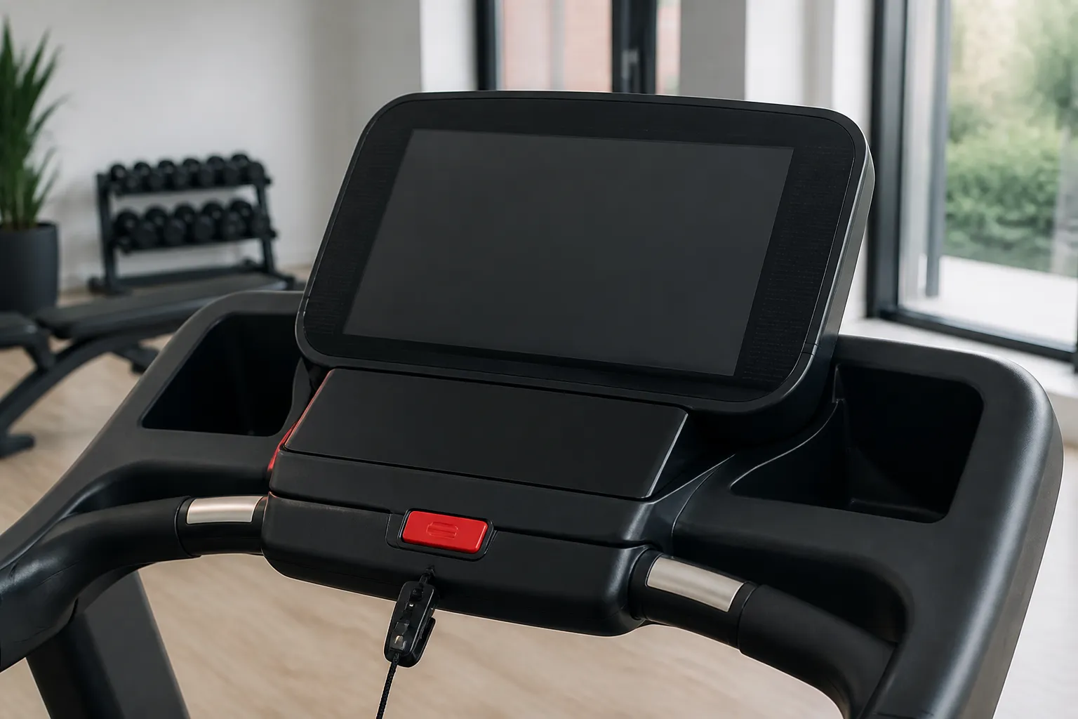 Close-up of a modern running machine console in a bright minimalist home gym