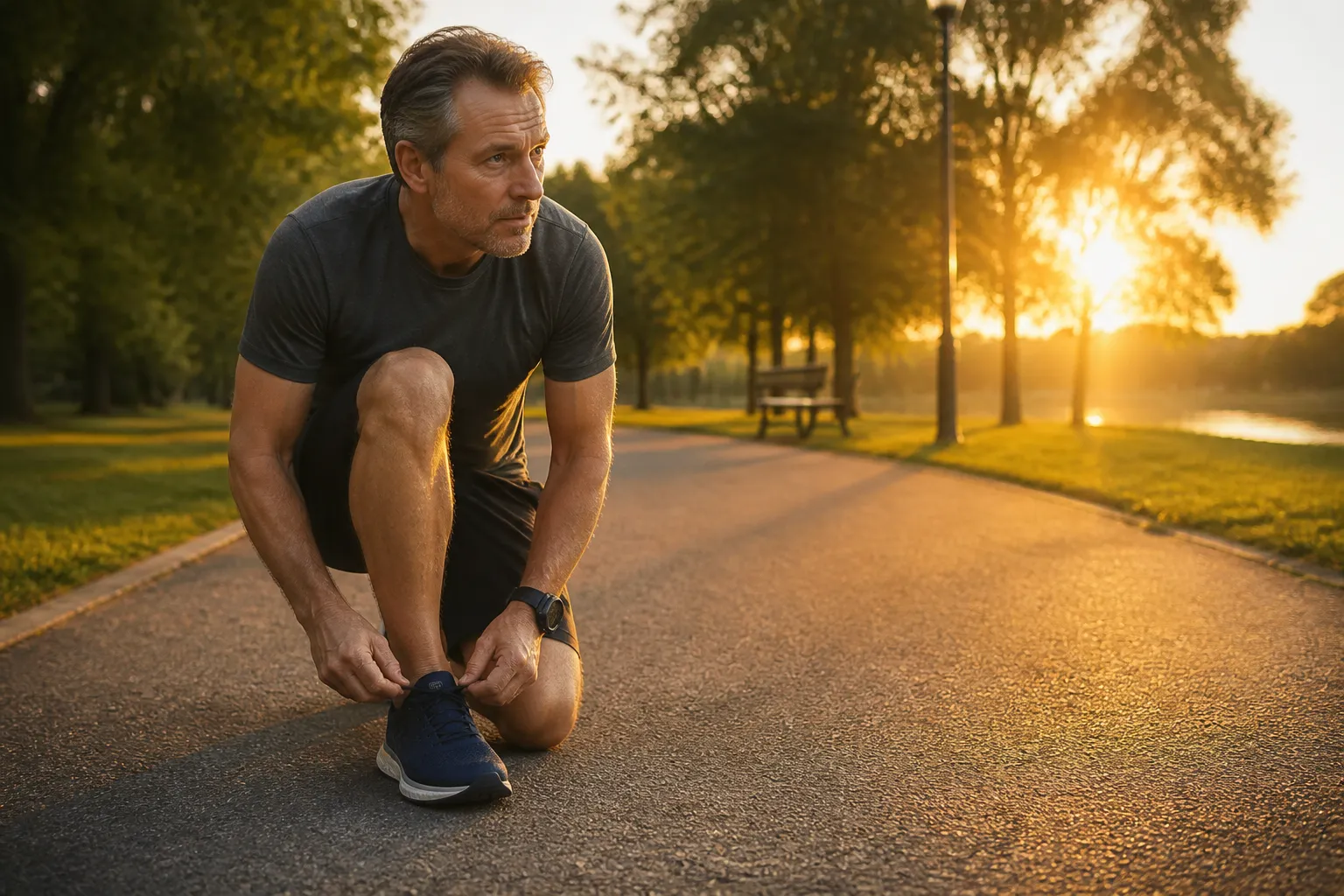 middle-aged runner tying shoelaces on a park path during golden hour
