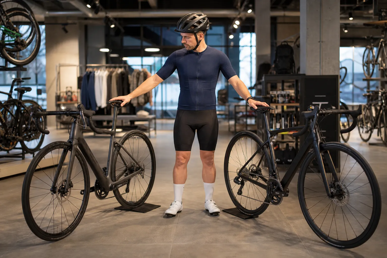 Road cyclist choosing between endurance and racing bicycles in a modern bike shop