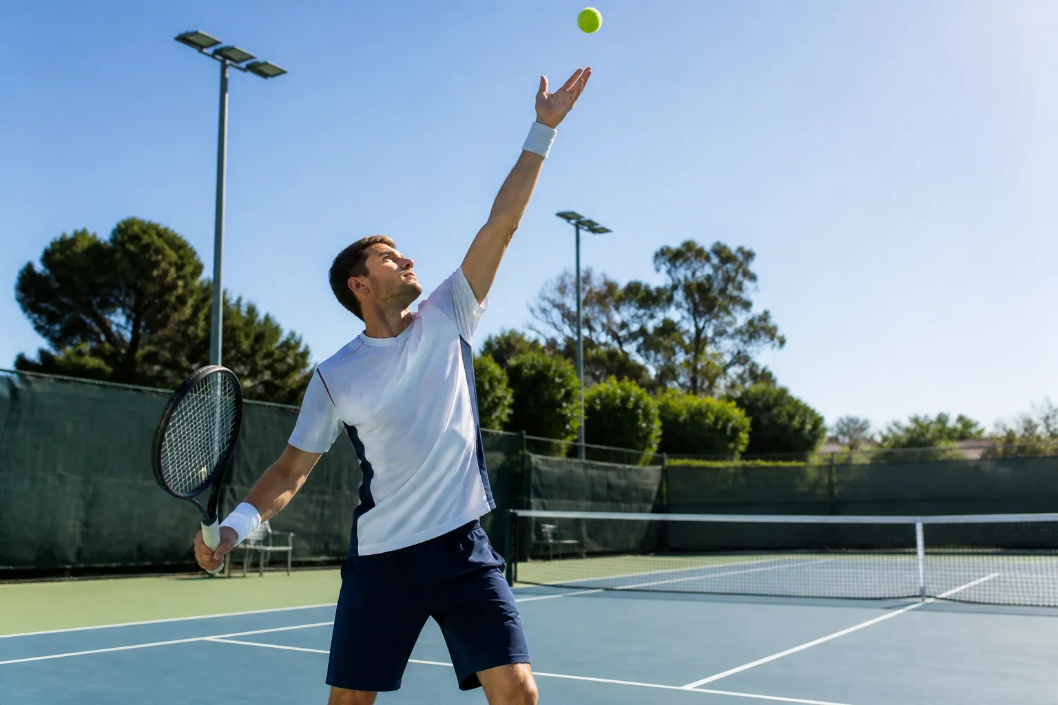 tennis player holding a racket preparing to serve on a sunny court